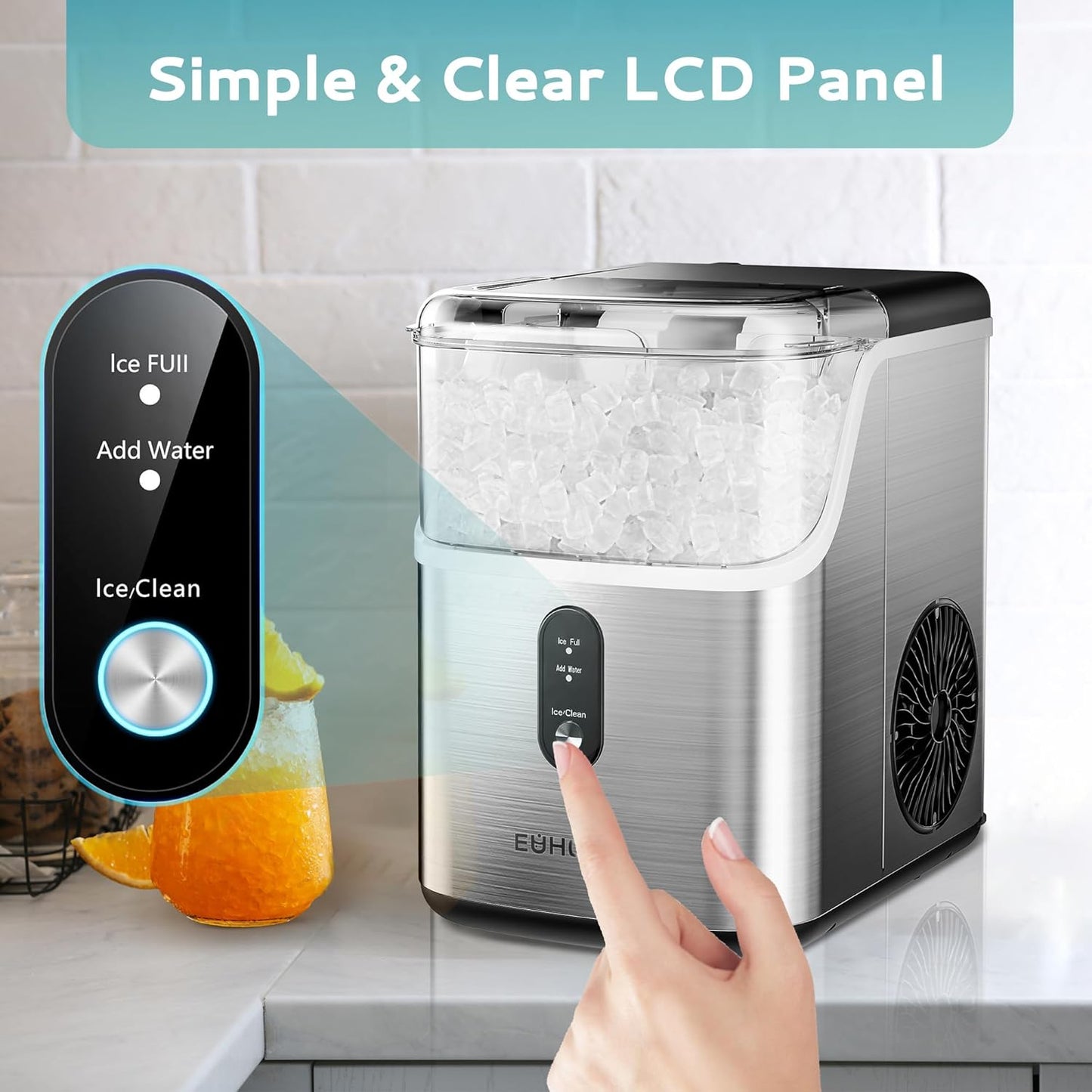 Nugget Ice Maker Countertop – 35lbs/Day Sonic Pebble Ice Machine with Self-Cleaning, Scoop & Basket, Stainless Steel Country Style Interiors