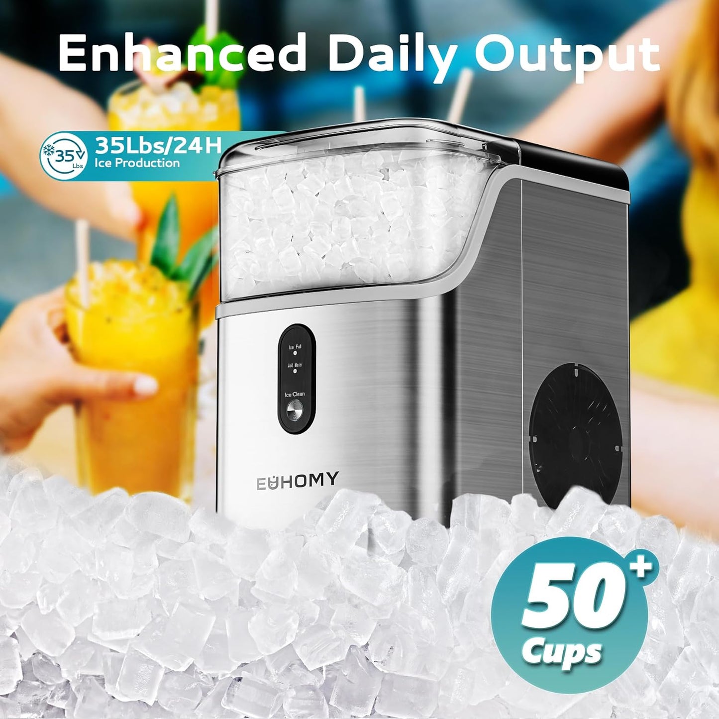 Nugget Ice Maker Countertop – 35lbs/Day Sonic Pebble Ice Machine with Self-Cleaning, Scoop & Basket, Stainless Steel Country Style Interiors