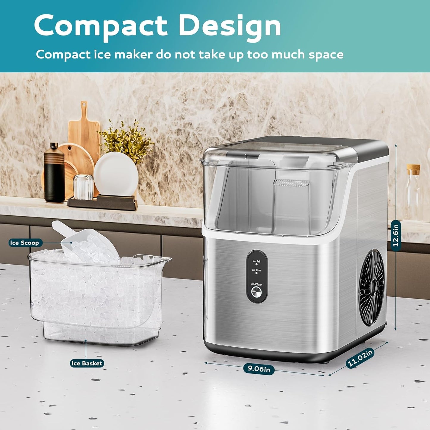 Nugget Ice Maker Countertop – 35lbs/Day Sonic Pebble Ice Machine with Self-Cleaning, Scoop & Basket, Stainless Steel Country Style Interiors