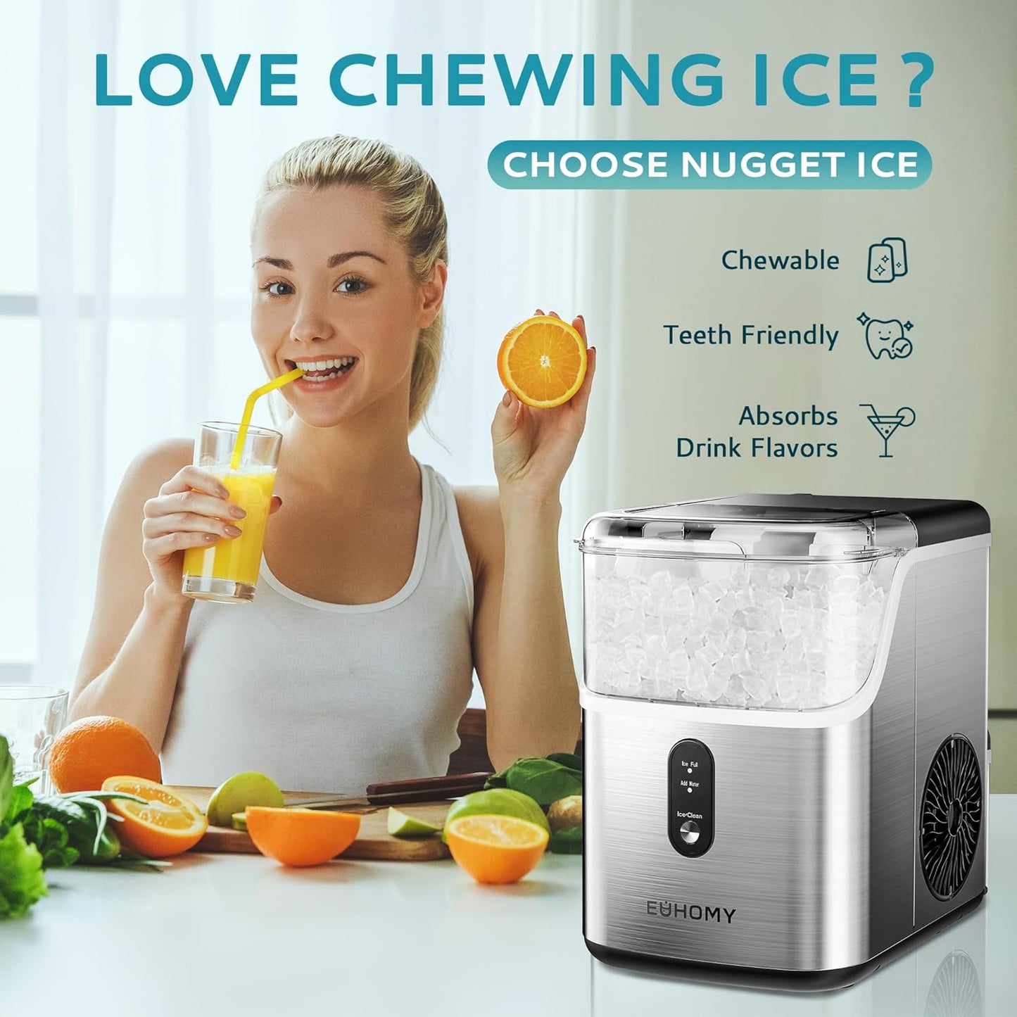 Nugget Ice Maker Countertop – 35lbs/Day Sonic Pebble Ice Machine with Self-Cleaning, Scoop & Basket, Stainless Steel Country Style Interiors