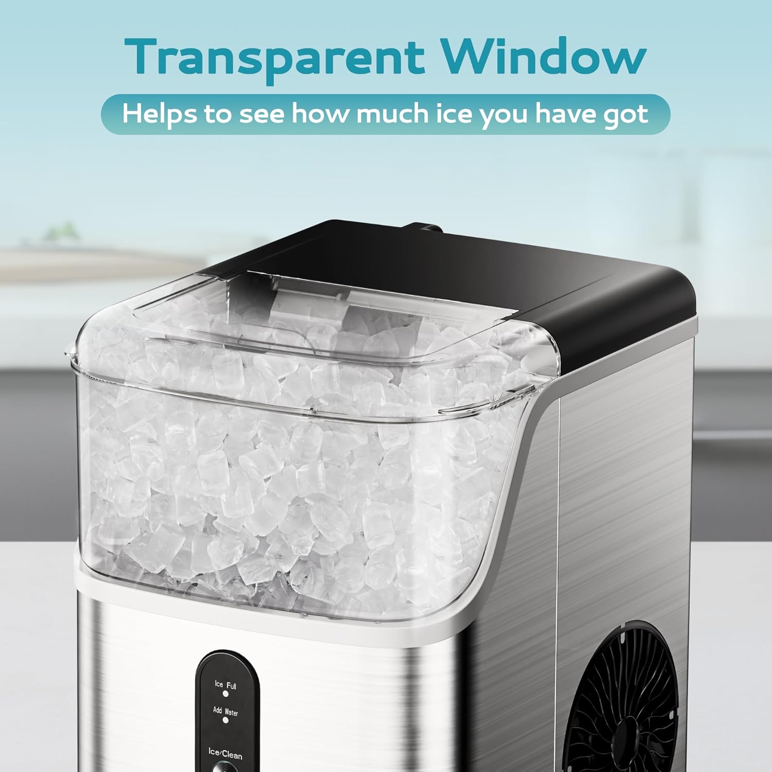 Nugget Ice Maker Countertop – 35lbs/Day Sonic Pebble Ice Machine with Self-Cleaning, Scoop & Basket, Stainless Steel Country Style Interiors