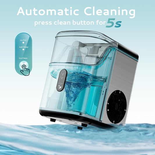 Nugget Ice Maker Countertop – 35lbs/Day Sonic Pebble Ice Machine with Self-Cleaning, Scoop & Basket, Stainless Steel Country Style Interiors