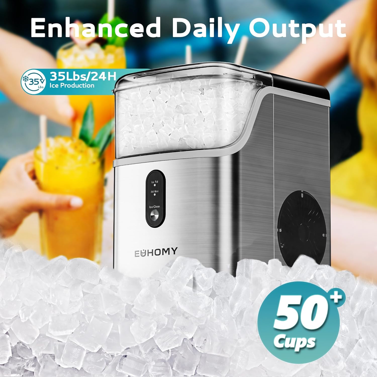 Nugget Ice Maker Countertop – 35lbs/Day Sonic Pebble Ice Machine with Self-Cleaning, Scoop & Basket, Stainless Steel Country Style Interiors